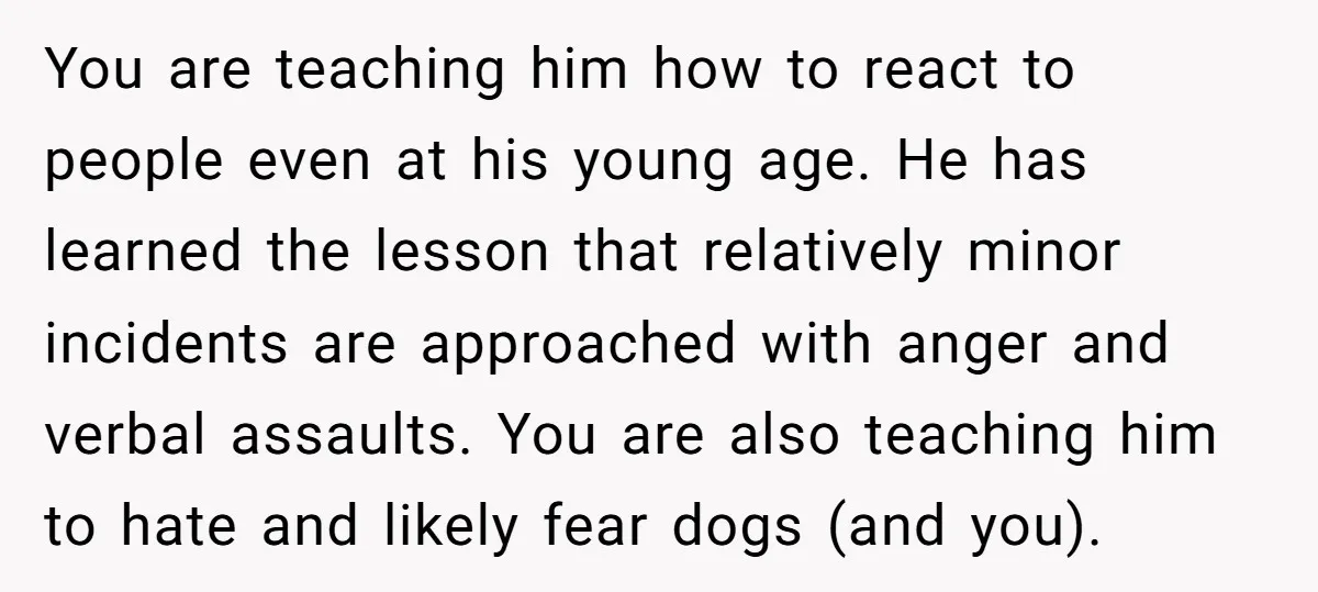 You are teaching him how to react to people even at his young age. He has learned the lesson that relatively minor incidents are approached with anger and verbal assaults....