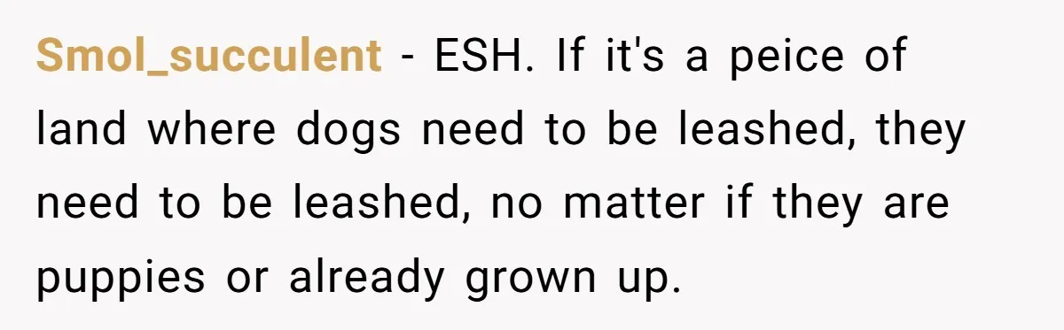 Smol_succulent − ESH. If it's a peice of land where dogs need to be leashed, they need to be leashed, no matter if they are puppies or already grown up.