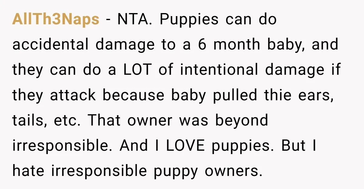 AllTh3Naps − NTA. Puppies can do accidental damage to a 6 month baby, and they can do a LOT of intentional damage if they attack because baby pulled thie ears,...