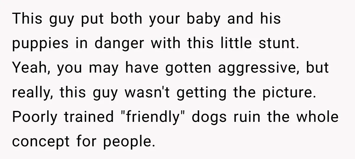 This guy put both your baby and his puppies in danger with this little stunt. Yeah, you may have gotten aggressive, but really, this guy wasn't getting the picture. Poorly...