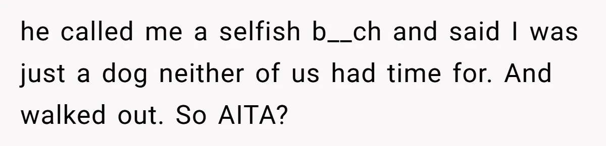 he called me a selfish b__ch and said I was just a dog neither of us had time for. And walked out. So AITA?