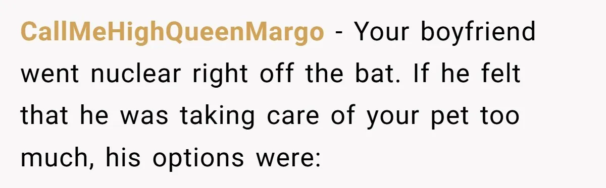 CallMeHighQueenMargo − Your boyfriend went nuclear right off the bat. If he felt that he was taking care of your pet too much, his options were: