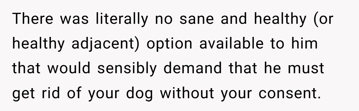 There was literally no sane and healthy (or healthy adjacent) option available to him that would sensibly demand that he must get rid of your dog without your consent.
