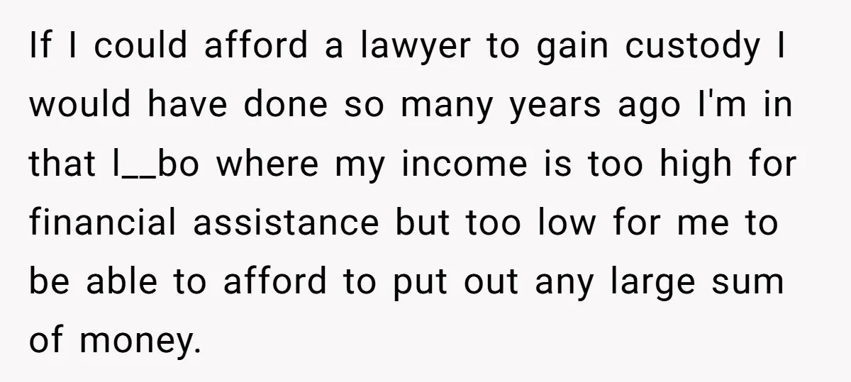 If I could afford a lawyer to gain custody I would have done so many years ago I'm in that l__bo where my income is too high for financial assistance...