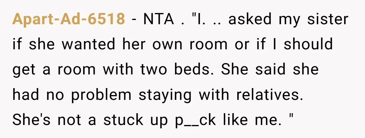 Apart-Ad-6518 − NTA . "I. .. asked my sister if she wanted her own room or if I should get a room with two beds. She said she had no...
