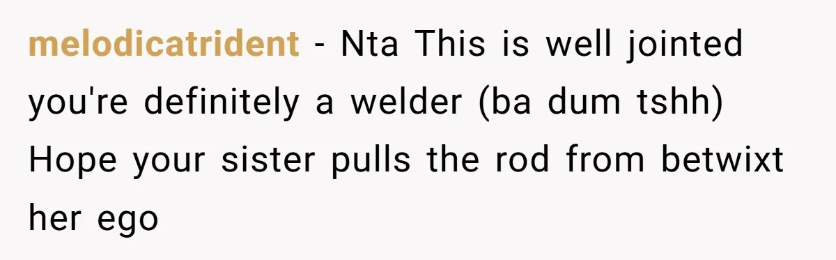 melodicatrident − Nta This is well jointed you're definitely a welder (ba dum tshh) Hope your sister pulls the rod from betwixt her ego