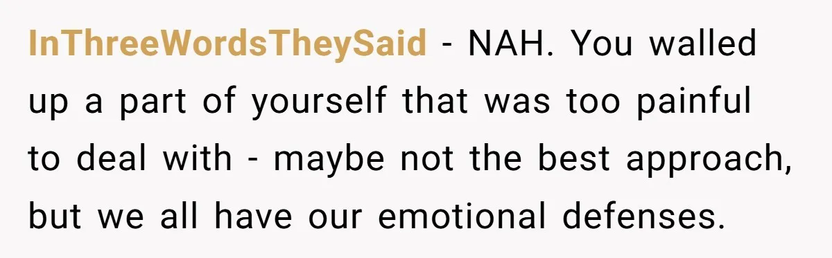 InThreeWordsTheySaid − NAH. You walled up a part of yourself that was too painful to deal with - maybe not the best approach, but we all have our emotional defenses.
