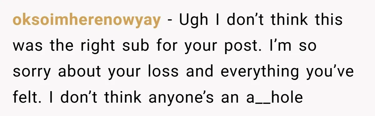 oksoimherenowyay − Ugh I don’t think this was the right sub for your post. I’m so sorry about your loss and everything you’ve felt. I don’t think anyone’s an a__hole