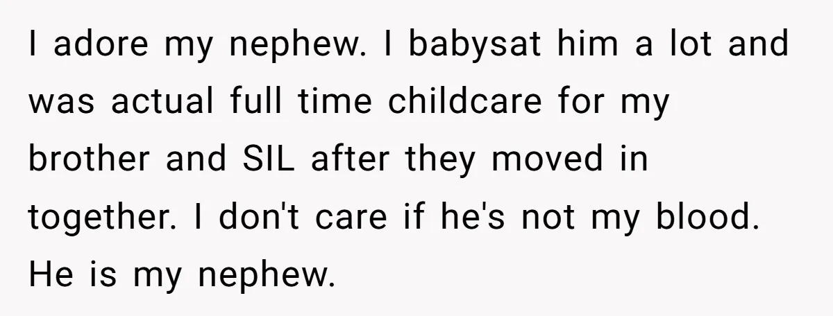 I adore my nephew. I babysat him a lot and was actual full time childcare for my brother and SIL after they moved in together. I don't care if he's...