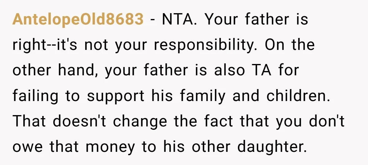 AntelopeOld8683 − NTA. Your father is right--it's not your responsibility. On the other hand, your father is also TA for failing to support his family and children. That doesn't change...