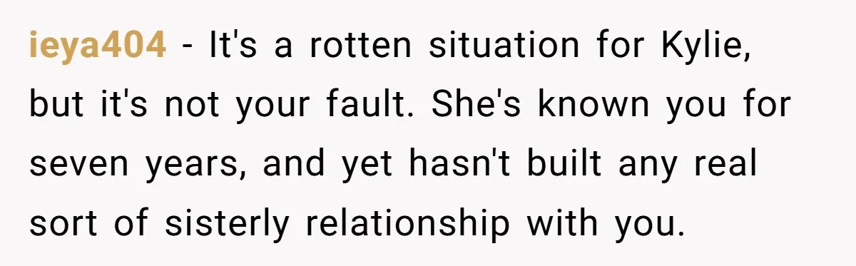 ieya404 − It's a rotten situation for Kylie, but it's not your fault. She's known you for seven years, and yet hasn't built any real sort of sisterly relationship with...