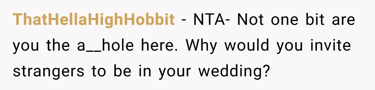 ThatHellaHighHobbit − NTA- Not one bit are you the a__hole here. Why would you invite strangers to be in your wedding?