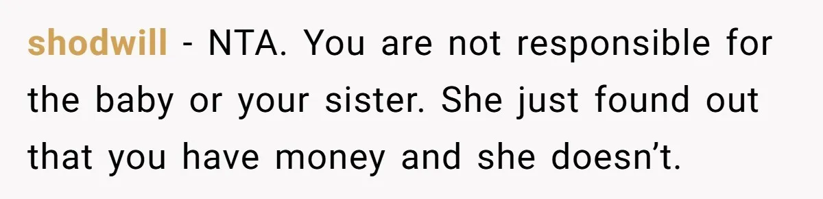 shodwill − NTA. You are not responsible for the baby or your sister. She just found out that you have money and she doesn’t.