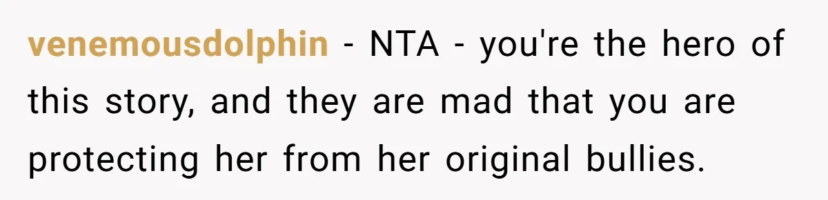 venemousdolphin − NTA - you're the hero of this story, and they are mad that you are protecting her from her original bullies.