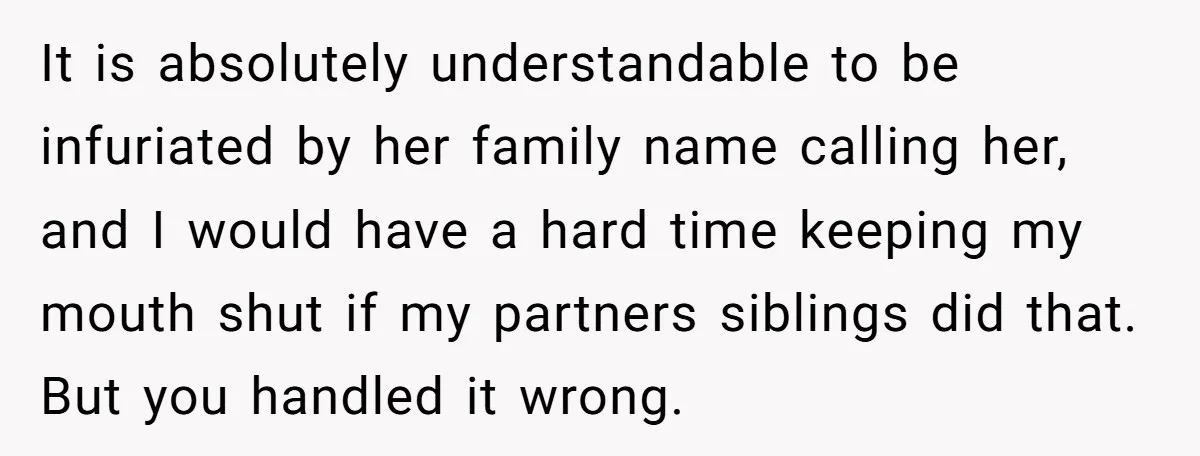 It is absolutely understandable to be infuriated by her family name calling her, and I would have a hard time keeping my mouth shut if my partners siblings did that....