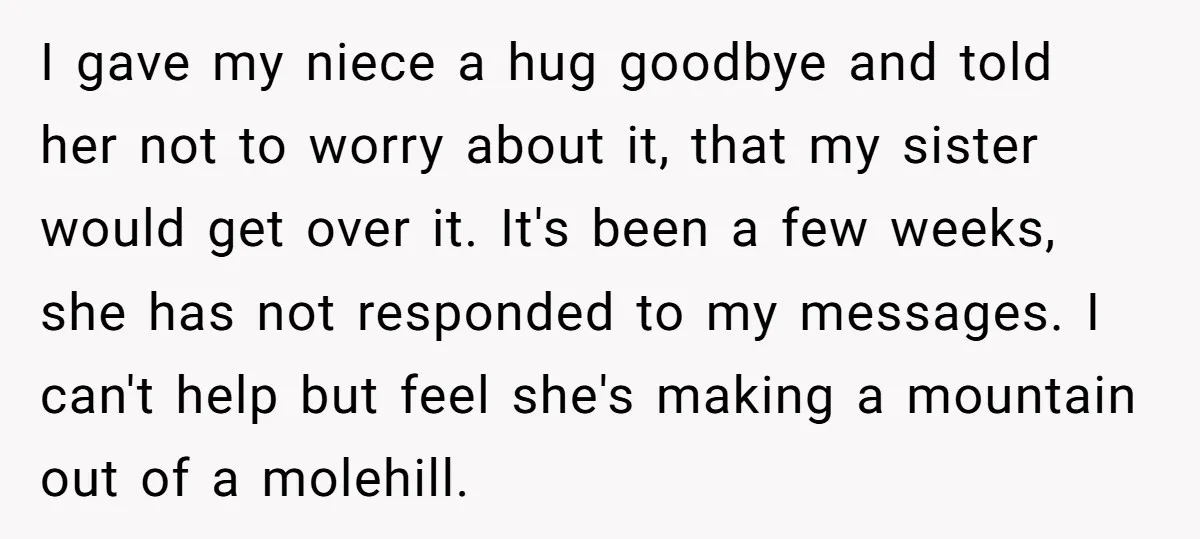 I gave my niece a hug goodbye and told her not to worry about it, that my sister would get over it. It's been a few weeks, she has not...