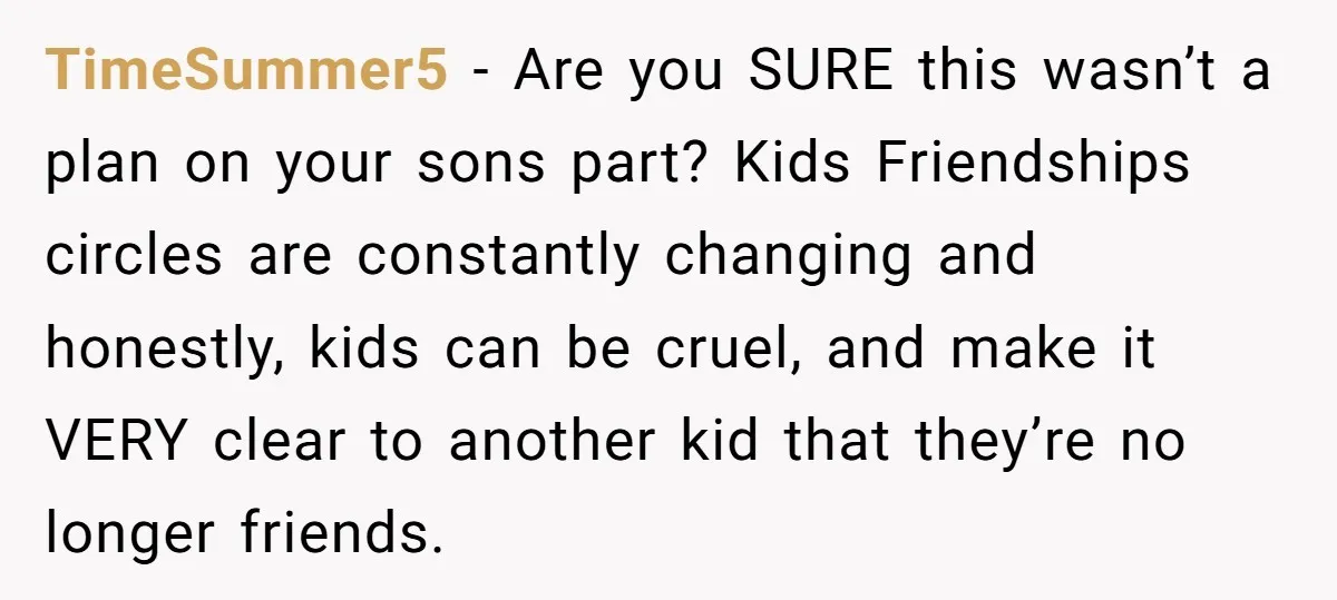 TimeSummer5 − Are you SURE this wasn’t a plan on your sons part? Kids Friendships circles are constantly changing and honestly, kids can be cruel, and make it VERY clear...