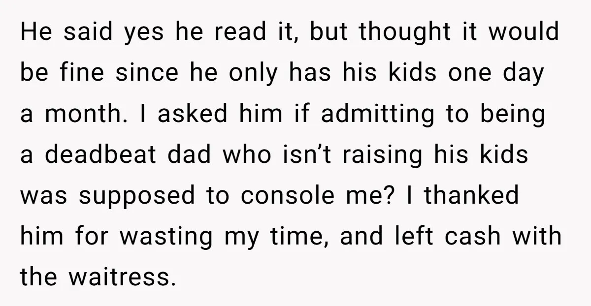 He said yes he read it, but thought it would be fine since he only has his kids one day a month. I asked him if admitting to being a...