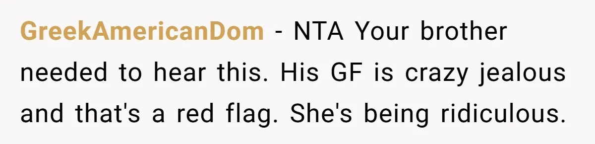 GreekAmericanDom − NTA Your brother needed to hear this. His GF is crazy jealous and that's a red flag. She's being ridiculous.
