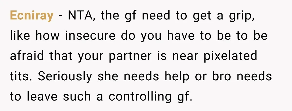 Ecniray − NTA, the gf need to get a grip, like how insecure do you have to be to be afraid that your partner is near pixelated tits. Seriously she...
