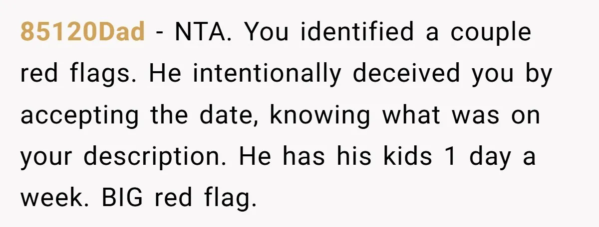 85120Dad − NTA. You identified a couple red flags. He intentionally deceived you by accepting the date, knowing what was on your description. He has his kids 1 day a...