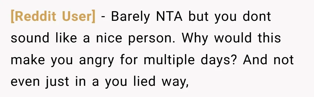[Reddit User] − Barely NTA but you dont sound like a nice person. Why would this make you angry for multiple days? And not even just in a you lied...