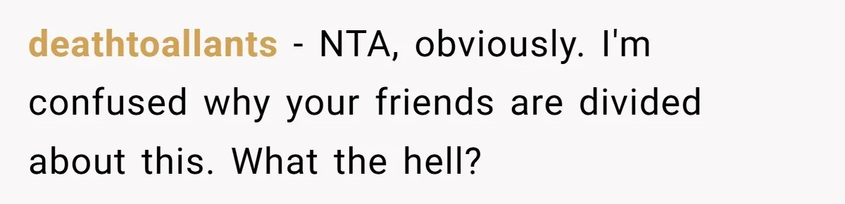 deathtoallants − NTA, obviously. I'm confused why your friends are divided about this. What the hell?