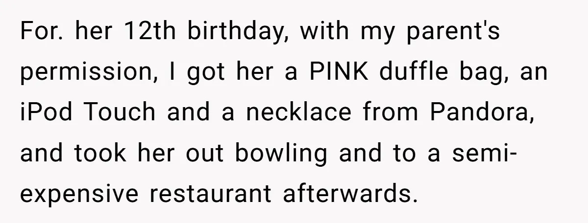 For. her 12th birthday, with my parent's permission, I got her a PINK duffle bag, an iPod Touch and a necklace from Pandora, and took her out bowling and to...