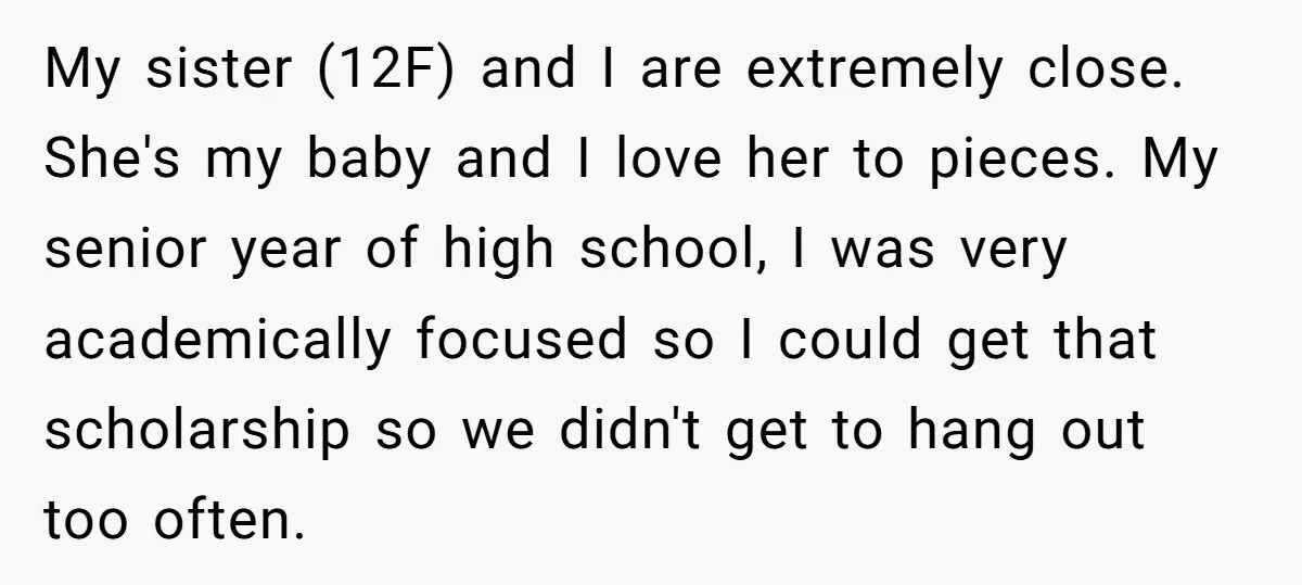 My sister (12F) and I are extremely close. She's my baby and I love her to pieces. My senior year of high school, I was very academically focused so I...