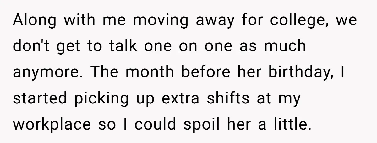 Along with me moving away for college, we don't get to talk one on one as much anymore. The month before her birthday, I started picking up extra shifts at...
