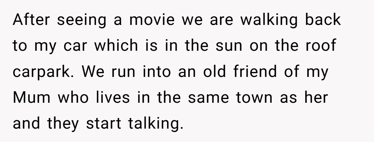 After seeing a movie we are walking back to my car which is in the sun on the roof carpark. We run into an old friend of my Mum who...