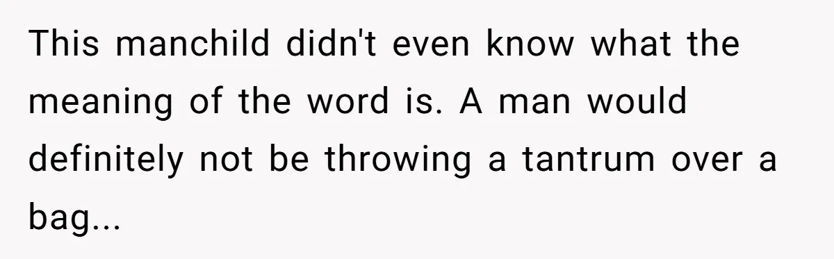 This manchild didn't even know what the meaning of the word is. A man would definitely not be throwing a tantrum over a bag...