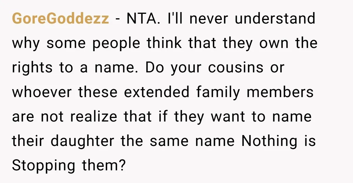 GoreGoddezz − NTA. I'll never understand why some people think that they own the rights to a name. Do your cousins or whoever these extended family members are not realize...