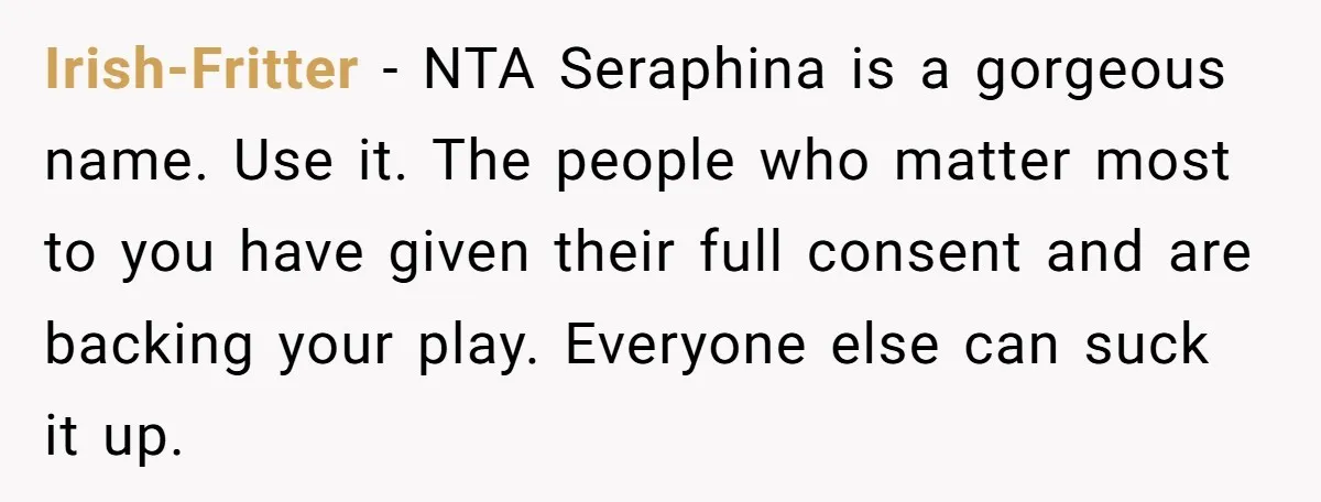 Irish-Fritter − NTA Seraphina is a gorgeous name. Use it. The people who matter most to you have given their full consent and are backing your play. Everyone else can...