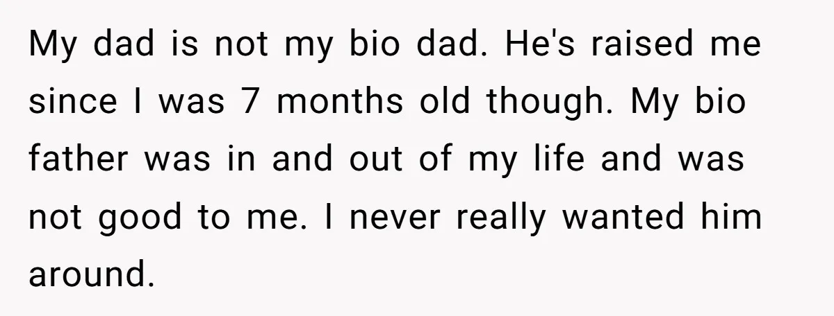 My dad is not my bio dad. He's raised me since I was 7 months old though. My bio father was in and out of my life and was not...