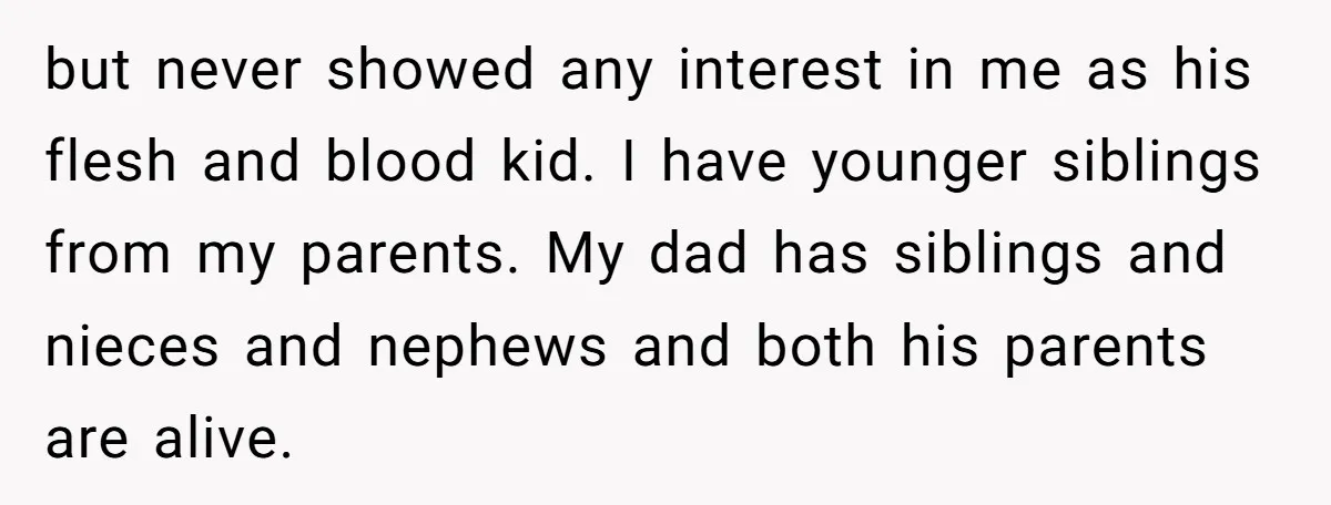 but never showed any interest in me as his flesh and blood kid. I have younger siblings from my parents. My dad has siblings and nieces and nephews and both...