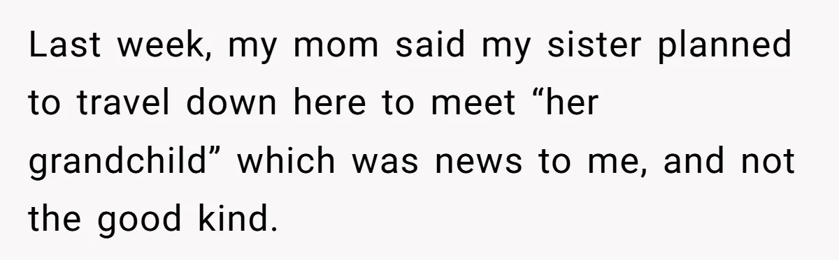Last week, my mom said my sister planned to travel down here to meet “her grandchild” which was news to me, and not the good kind.