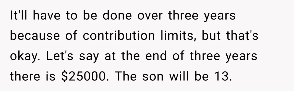 It'll have to be done over three years because of contribution limits, but that's okay. Let's say at the end of three years there is $25000. The son will be...