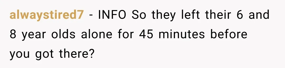 alwaystired7 − INFO So they left their 6 and 8 year olds alone for 45 minutes before you got there?