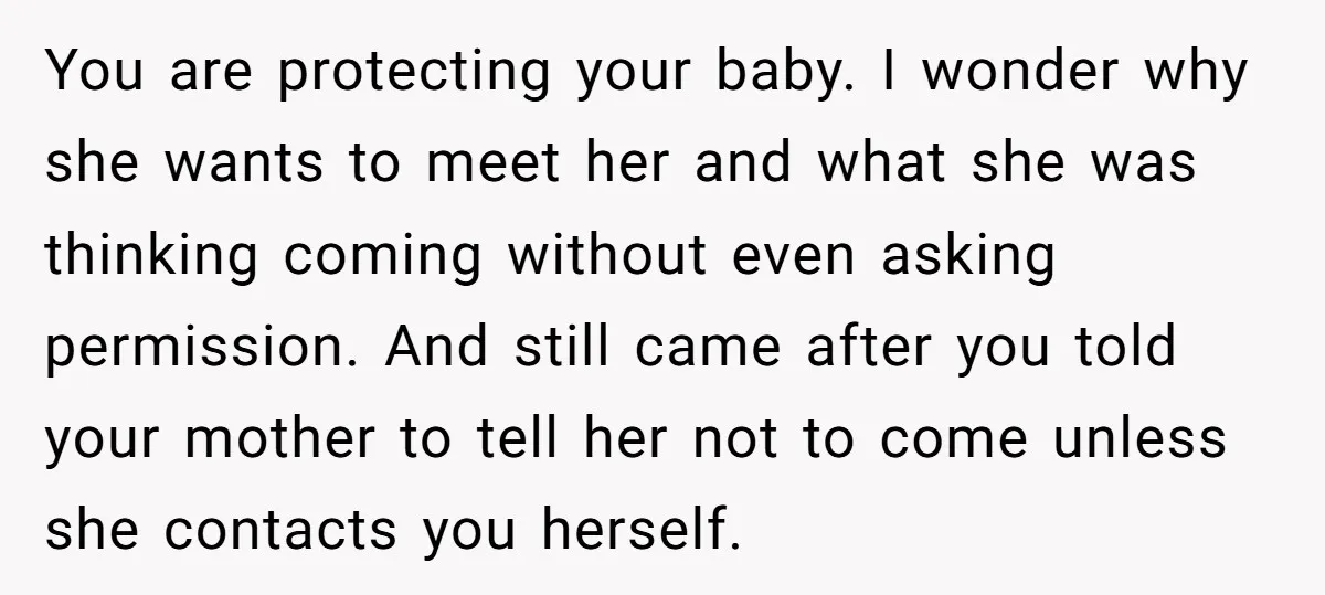You are protecting your baby. I wonder why she wants to meet her and what she was thinking coming without even asking permission. And still came after you told your...