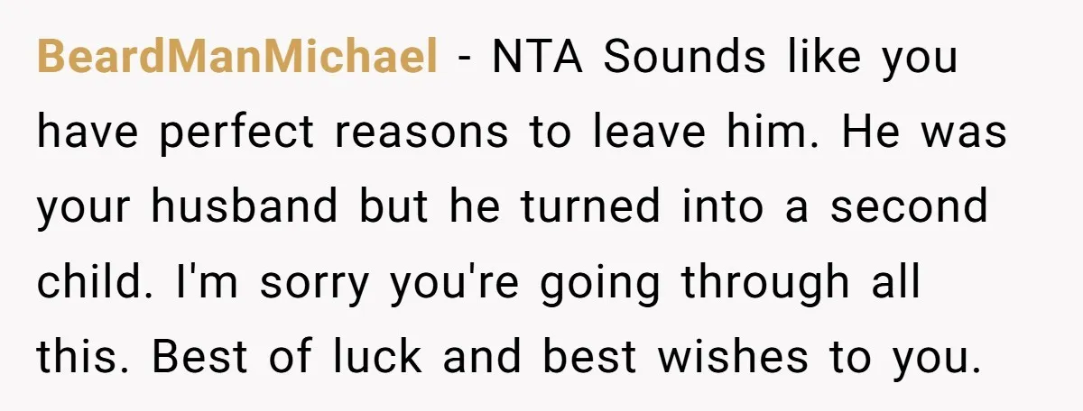 BeardManMichael − NTA Sounds like you have perfect reasons to leave him. He was your husband but he turned into a second child. I'm sorry you're going through all this....