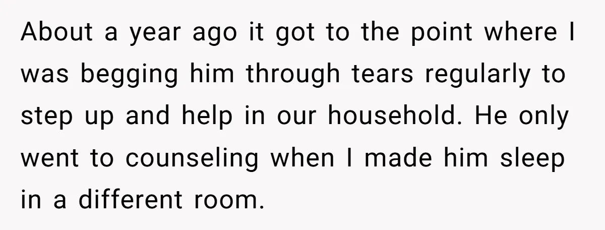 About a year ago it got to the point where I was begging him through tears regularly to step up and help in our household. He only went to counseling...