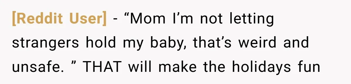 [Reddit User] − “Mom I’m not letting strangers hold my baby, that’s weird and unsafe. ” THAT will make the holidays fun