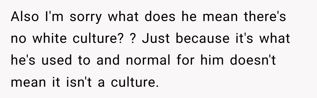 Also I'm sorry what does he mean there's no white culture? ? Just because it's what he's used to and normal for him doesn't mean it isn't a culture.