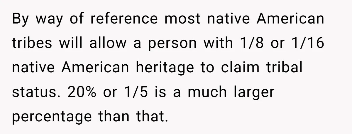 By way of reference most native American tribes will allow a person with 1/8 or 1/16 native American heritage to claim tribal status. 20% or 1/5 is a much larger...