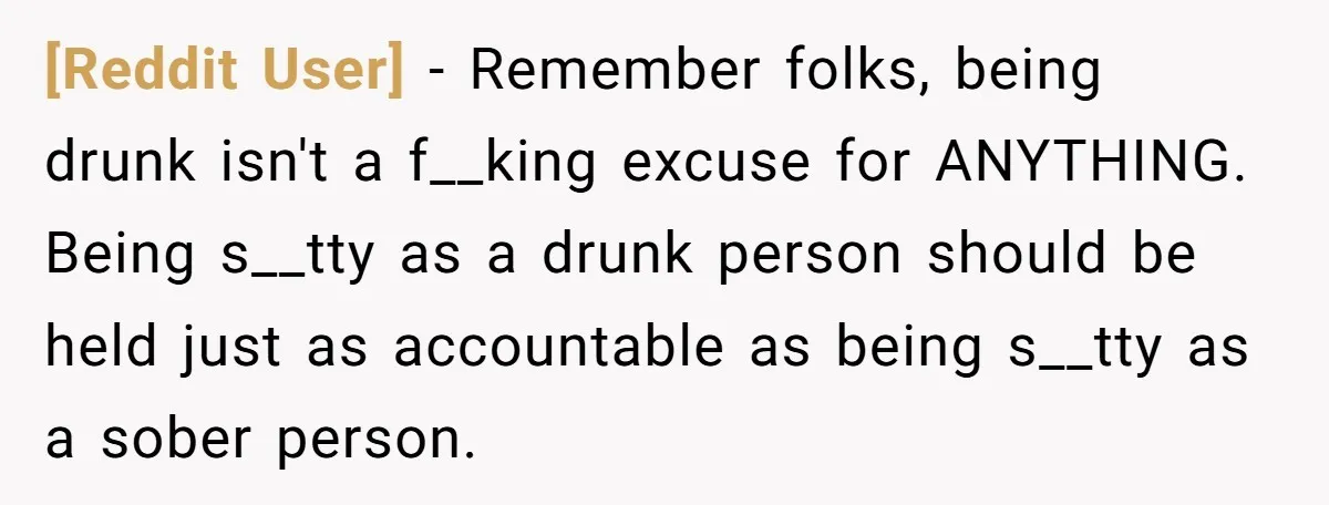 [Reddit User] − Remember folks, being drunk isn't a f__king excuse for ANYTHING. Being s__tty as a drunk person should be held just as accountable as being s__tty as a...