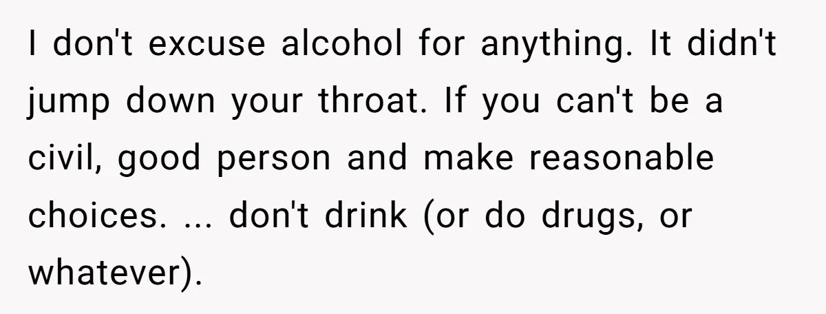I don't excuse alcohol for anything. It didn't jump down your throat. If you can't be a civil, good person and make reasonable choices. ... don't drink (or do drugs,...