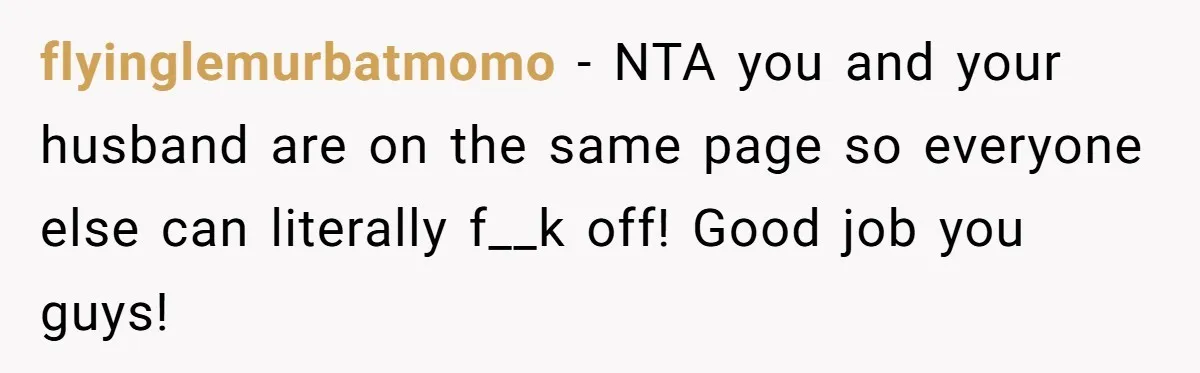 flyinglemurbatmomo − NTA you and your husband are on the same page so everyone else can literally f__k off! Good job you guys!