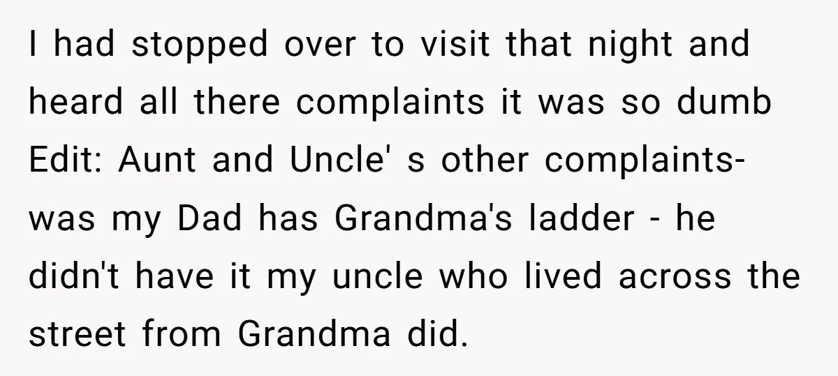 I had stopped over to visit that night and heard all there complaints it was so dumb Edit: Aunt and Uncle' s other complaints- was my Dad has Grandma's ladder...