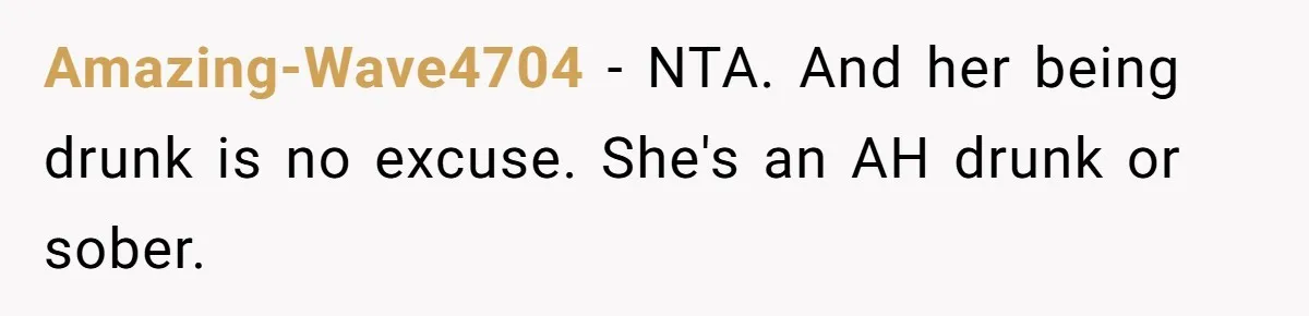 Amazing-Wave4704 − NTA. And her being drunk is no excuse. She's an AH drunk or sober.